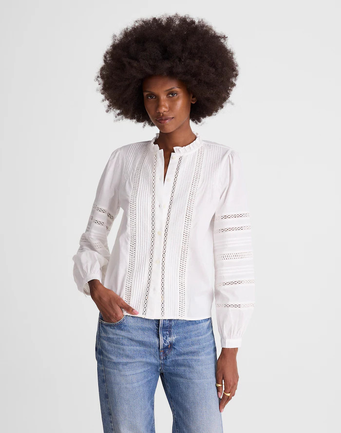 High-Neck Lace-Insert Pintuck Top | Madewell