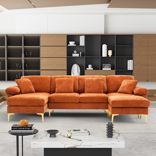 OUYESSIR U-Shaped Sectional Sofa Couch, 4 Seat Sofa Set for Living Room, Convertible L-Shaped Velvet Couch Set with Chaise Lounge, Ottoman and Pillows,114 inches (Orange) | Amazon (US)