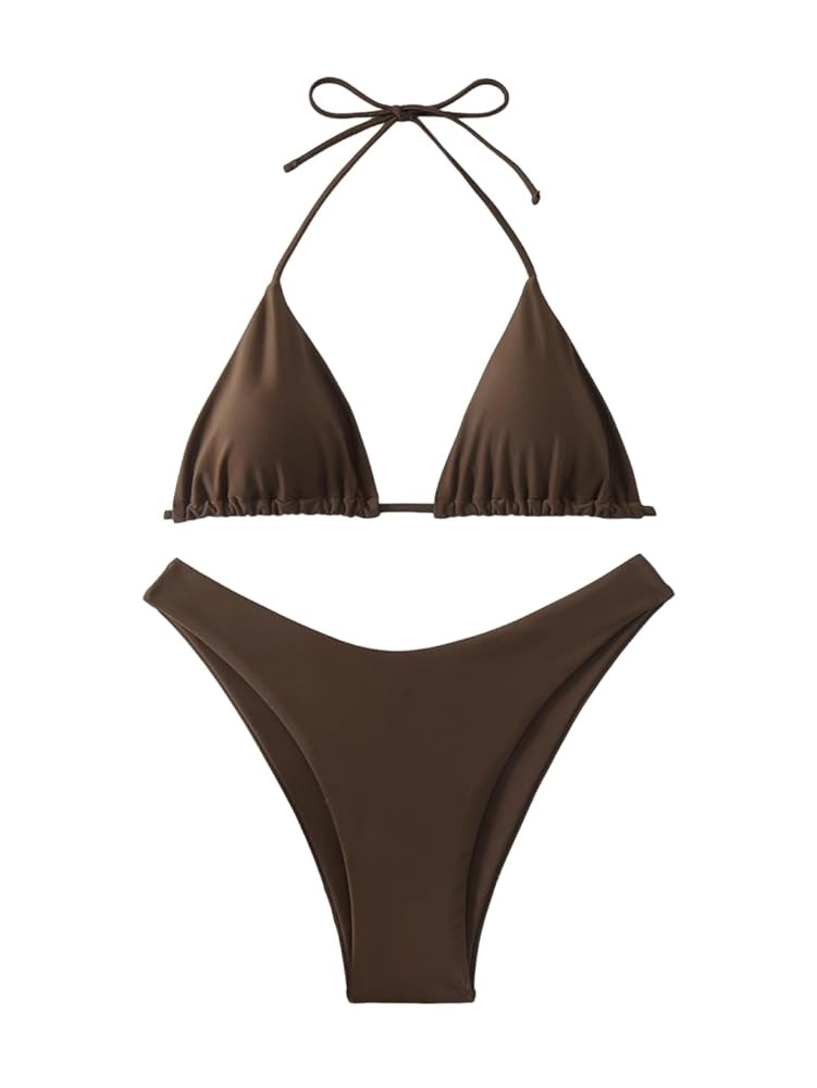 GORGLITTER Women's High Waisted Thong Bikini Set Halter Triangle Tie Back Swimsuit Bathing Suit | Amazon (US)