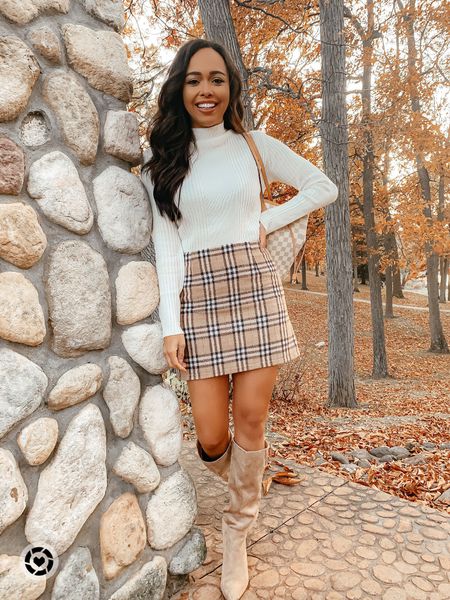 Fall Inspo from last year! Styling a plaid skirt with cream turtleneck & tall tan suede boots 🍁🍂 Wearing a size 7 in the boots and run TTS! 

#LTKunder100 #LTKSeasonal
