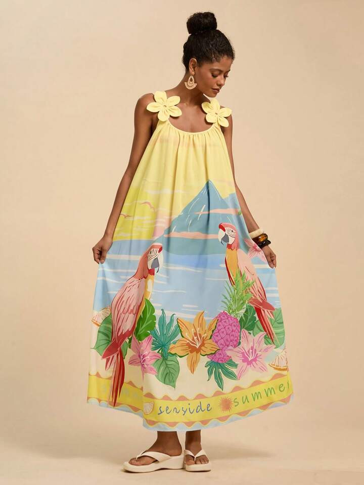 Travachic Women Long Dresses, Tropical Dresses For Women,3d Flower Dress,Summer Dresses For Women,Butter Yellow,Butter Yellow Dress,Retro Pattern Spaghetti Strap A-Line Dress For Women,Boho Tropical Print Strap Back Strap Casual Vacation Beach Summer Dress,Mothers's Day,Mother And Daughter Dress,Bohemian Clothes Vacation Dress | SHEIN