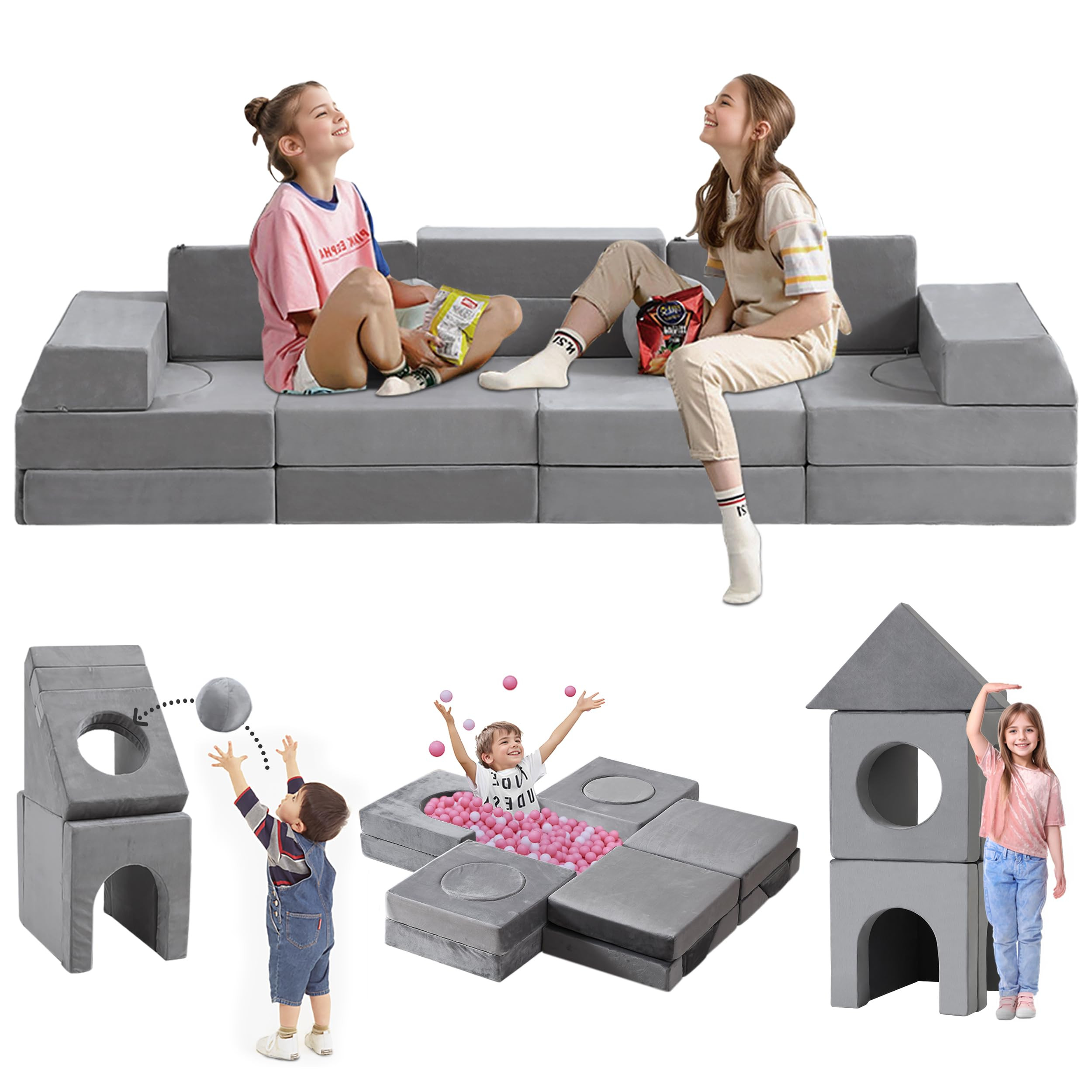 22Pcs Modular Play Couch, Floor Sofa 1000+Dly Creativing Playroom Furniture, Convertible Foam and... | Amazon (US)