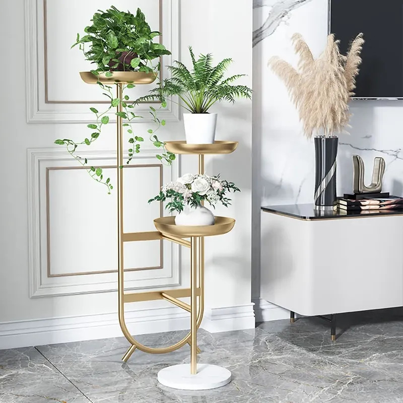 3 Tier Tall Metal Standing Plant Stand Chic Unique Shaped Planter in Gold-Homary | Homary.com