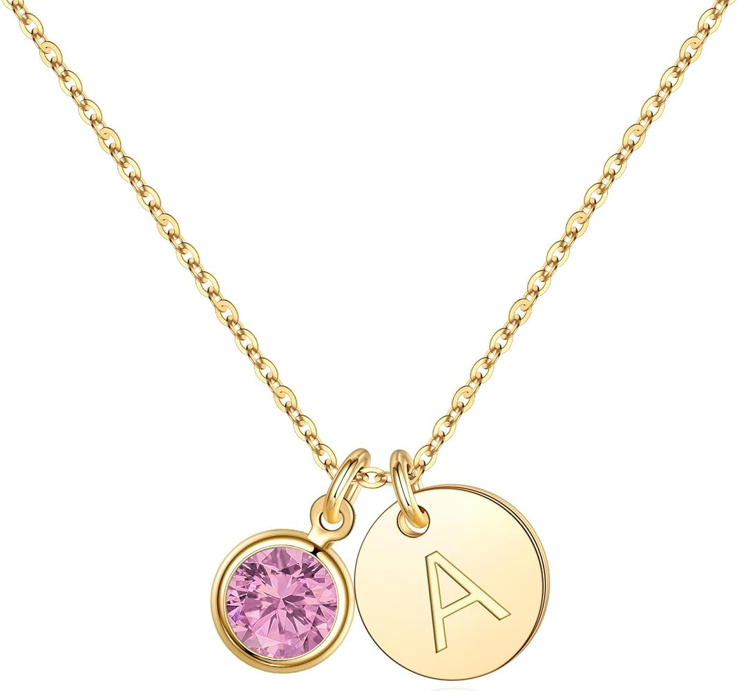 Hidepoo Initial Birthstone Necklace for Girl Women - 14K Gold Plated Disc Letter Necklace Persona... | Amazon (US)