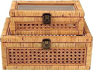Amazon.com: HUAXIN CRAFT H Rattan Box with Lids, Rectangular Woven Case with Glass for Display, S... | Amazon (US)