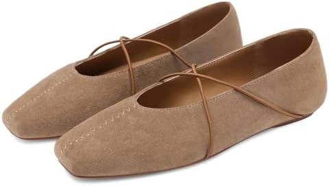 Women's Square Toe Ballet Flats Criss-Cross Straps Comfortable Slip On Mary Jane Flat Shoes for O... | Amazon (US)