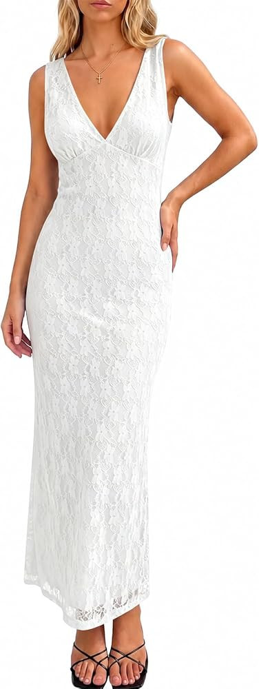 Muchpow Women's V Neck Floral Lace Elegant Maxi Dress | Amazon (US)
