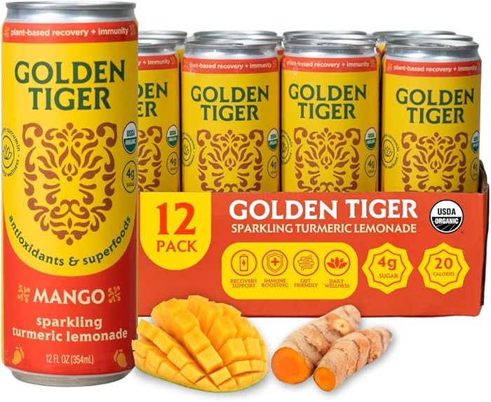 Golden Tiger Turmeric Sparkling Lemonade, Mango – Curcumin & Ginger for Inflammation – Organi... | Amazon (US)