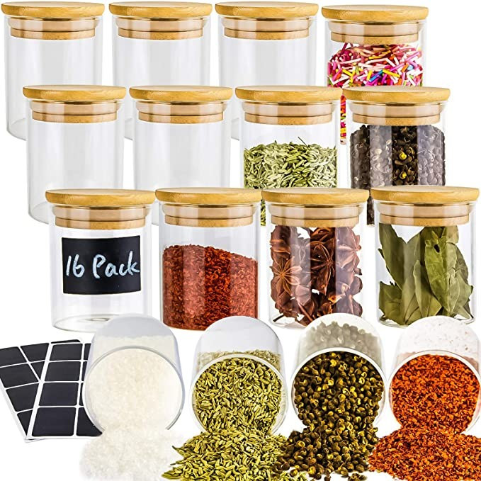 16 Pack Glass Jars with Lids, Airtight Bamboo Lids Spice Jars Set For Spice, Coffee, Beans, Candy... | Amazon (US)