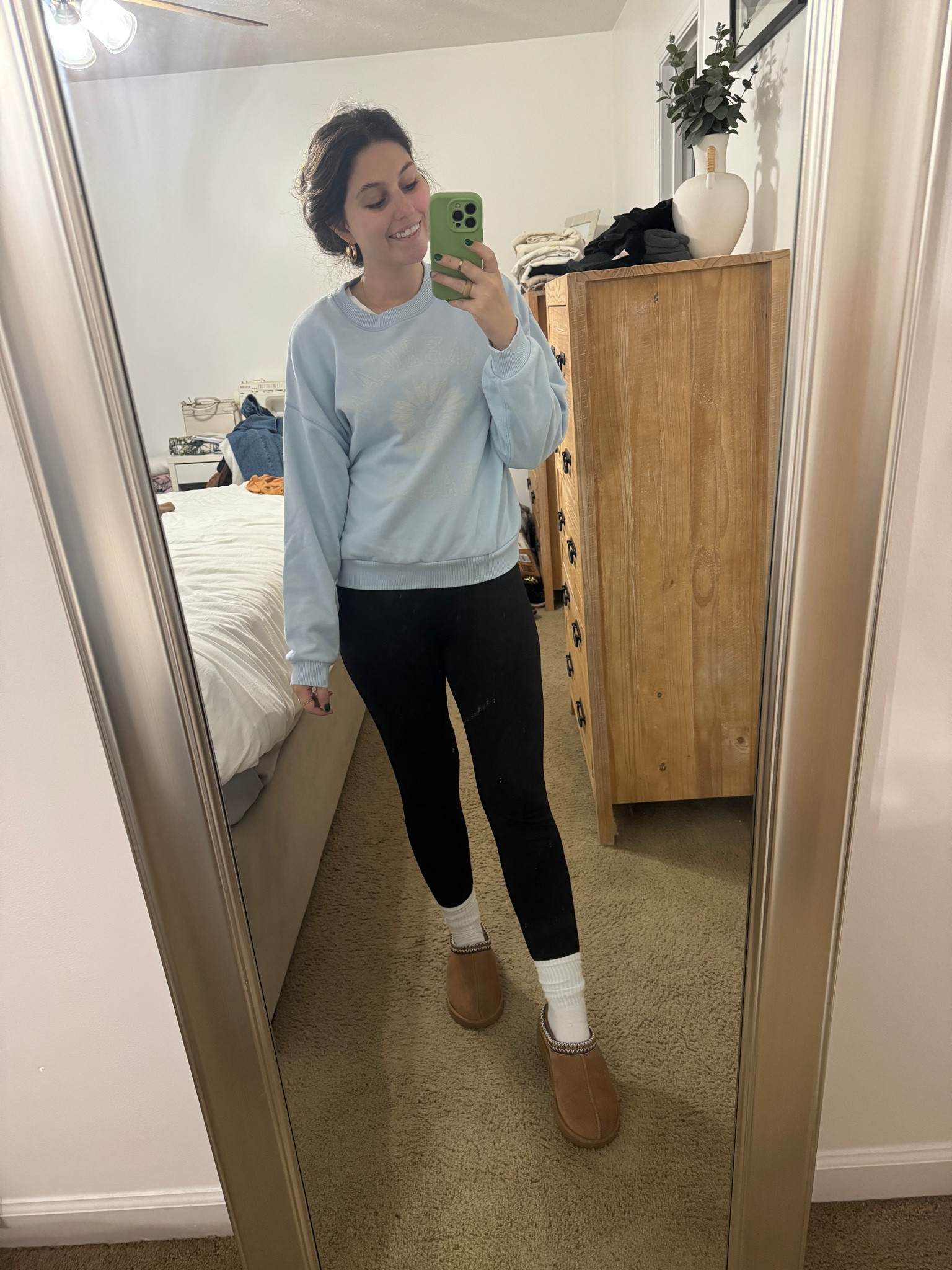 Casual outfit, cozy outfit, sprint outfit, blue pullover sweatshirt from American Eagle, light blue sweatshirt, light blue pullover, black leggings, white socks, Tasman Ugg slippers from footlocker. #ltkspring #ltkcasual #casual #spring #americaneagle #ae #casualfashion #cozyfashion #womensfashion 

#LTKSeasonal #LTKStyleTip #LTKShoeCrush