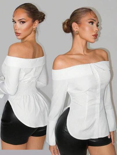Sirith Women's Elegant Casual Sexy Off-Shoulder Fitted Blouse With Split Hem, Suitable For Going ... | SHEIN
