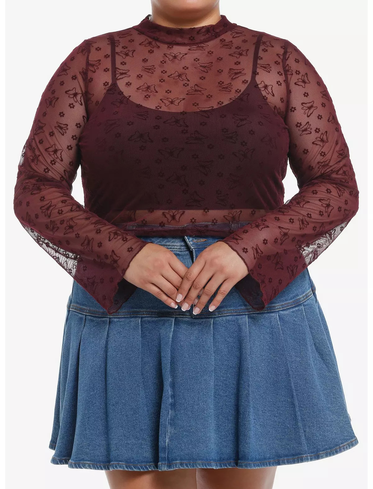Maroon Floral Mesh Girls Long-Sleeve Twofer Plus Size | Hot Topic
