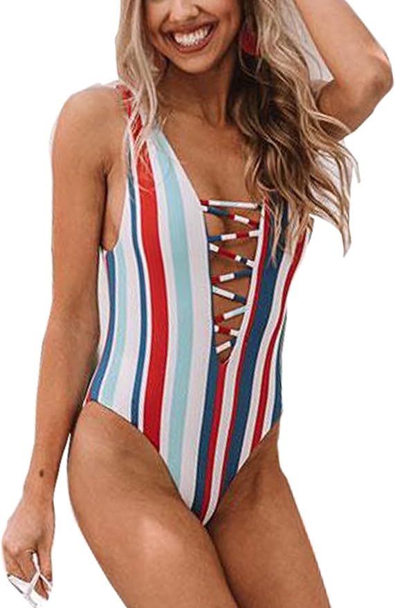 SOFIA'S CHOICE Women One-Piece Swimsuit Deep V Neck Lace Up Lattice Front Rainbow Tie Bikini | Amazon (US)