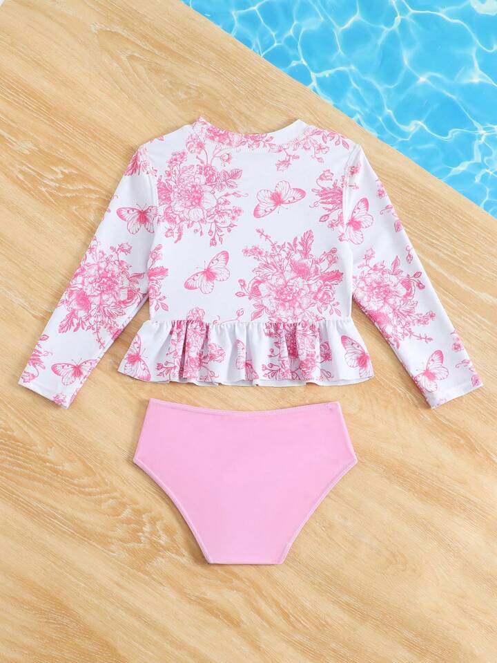 SHEIN Young Girl Floral Printed Ruffle Hem Tankini 2 Pieces Swimwear Set, For Summer Beach Wear | SHEIN