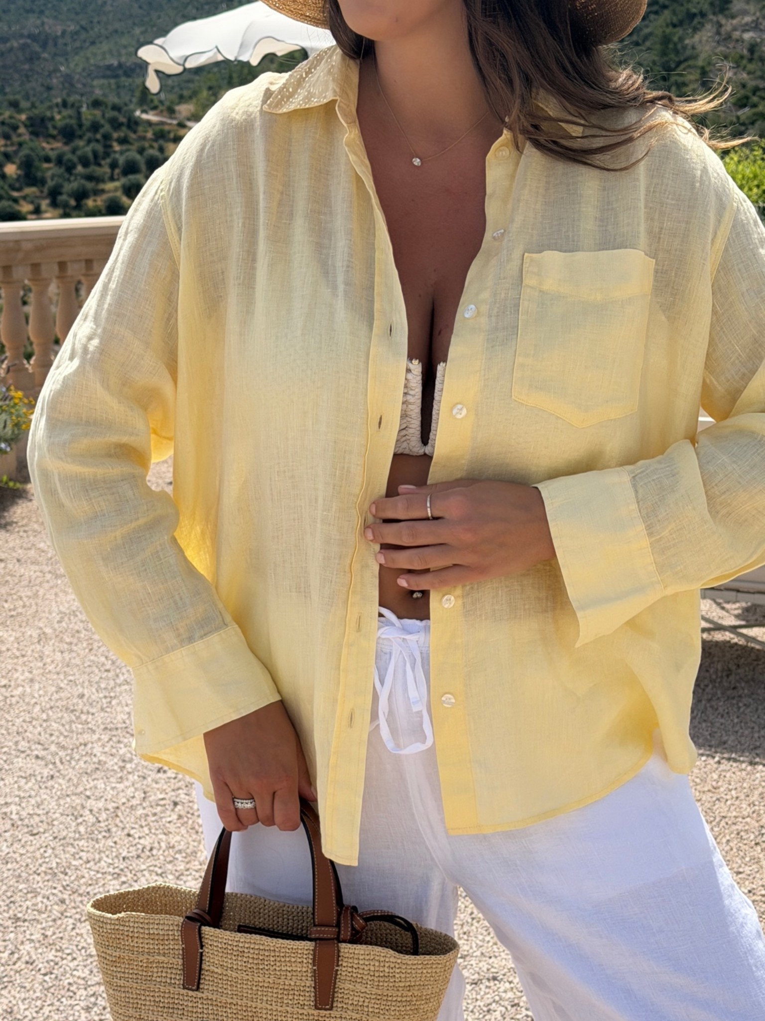 Simple beach coverup outfit idea for European summer 

Gap yellow linen long sleeve top with the j. Crew soliel pant in white 

Tall girl / tall girl fashion / tall girls / tall girl friendly / size 12 / size 14 / midsize fashion / midsize fashion size 14 / affordable fashion /