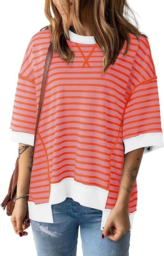 Womens Summer Tops Casual Crewneck Short Sleeve Striped Color Block Hem Trendy Pullover Knitted T... | Amazon (US)