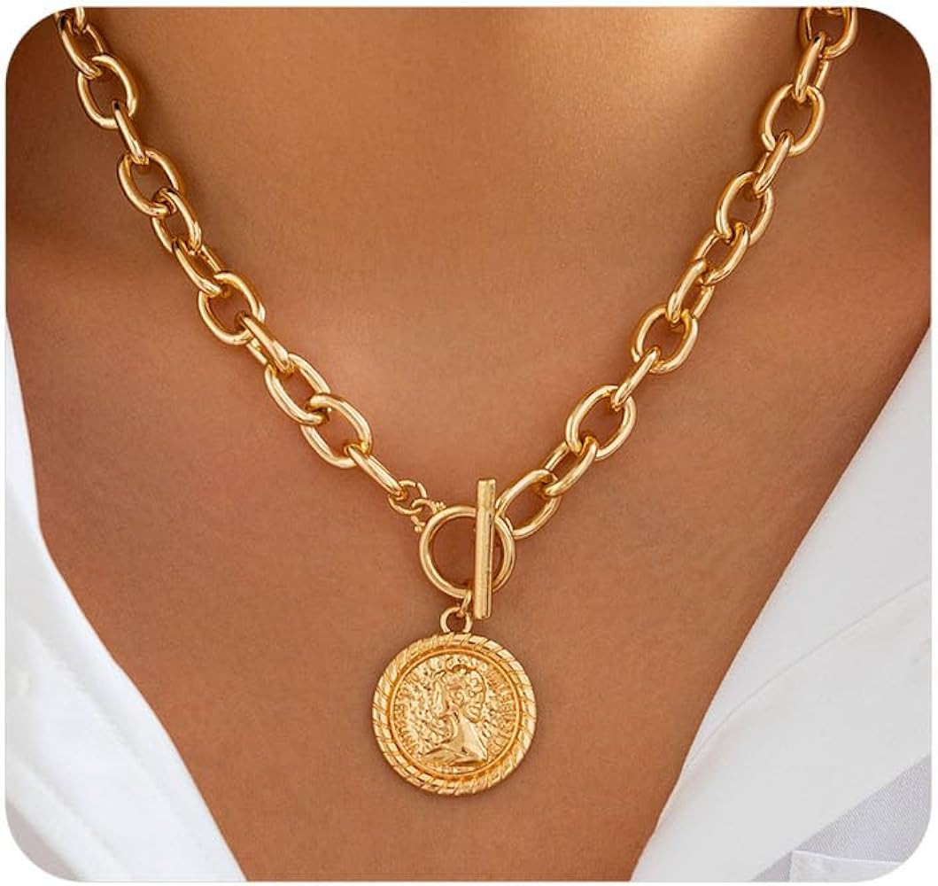 Gold Coin Pendant Choker Necklace for Women,Chunky Silver Paperclip Chain Ot Necklaces Boho State... | Amazon (US)