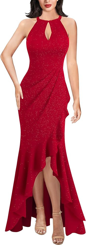 VFSHOW Womens Sexy Halter Neck Formal Cutout Ruffle Slit Ruched Prom Maxi Dress Wedding Guest HI-... | Amazon (US)