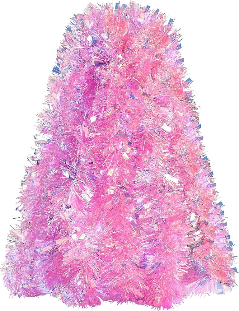 Sggvecsy 26.2Ft Christmas Pink Tinsel Garland Xmas Tree Decorations Christmas Iridescent Metallic... | Amazon (US)