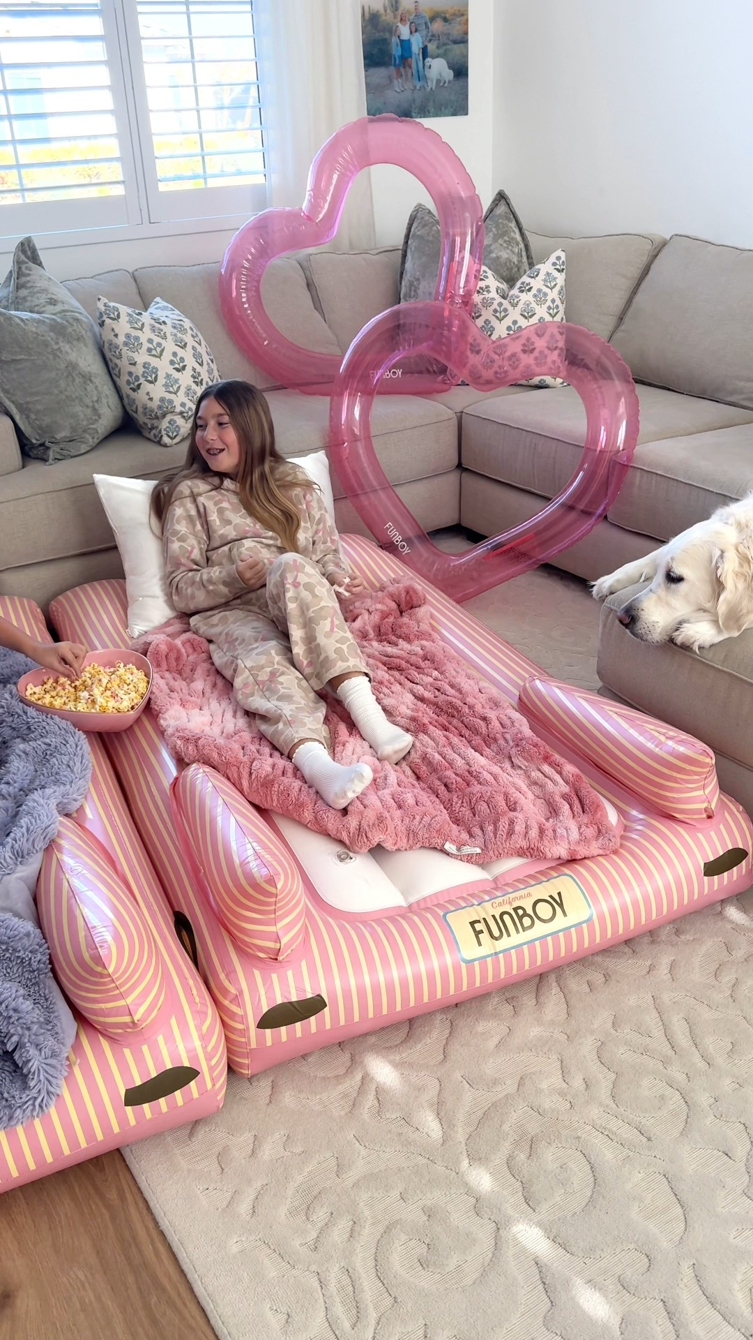 Valentine’s movie night, but make it extra comfy 💕🍿 Funboy turned our living room into the sweetest little sleepover space for the girls with their inflatable beds and heart tubes. The girls were obsessed, the snacks were endless, and now they ask to sleep in these beds all the time! #FunboyPartner 

#LTKKids #LTKValentine