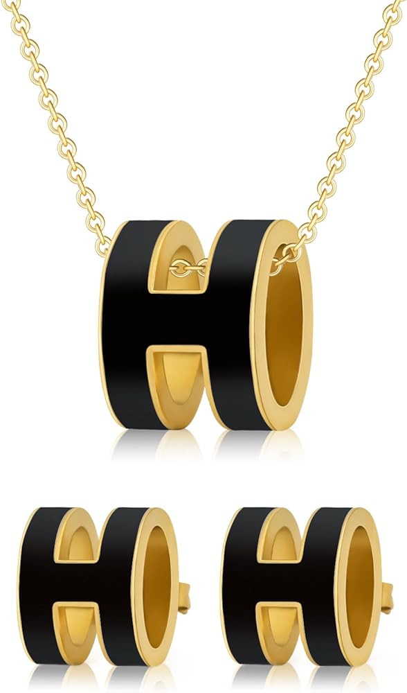 Anboly 2 Pieces of Necklaces for Women 18k Gold Plated H Necklace Earrings for Women Jewelry Set ... | Amazon (US)