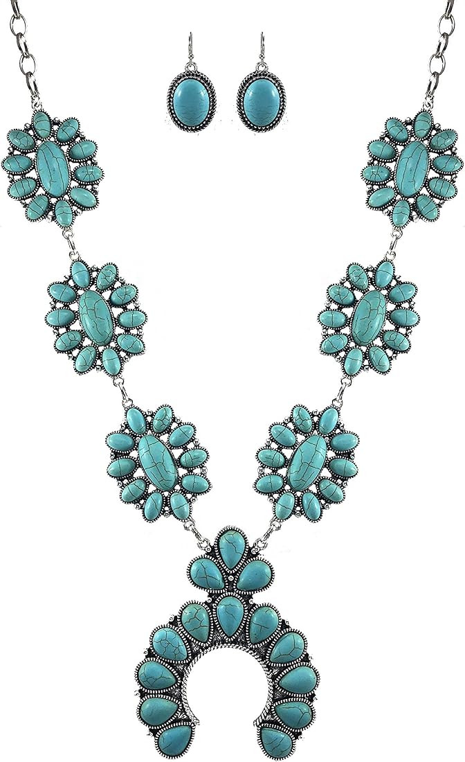 Turquoise Vintage Squash Blossom Metal Statement Necklace/w Earrings | Amazon (US)