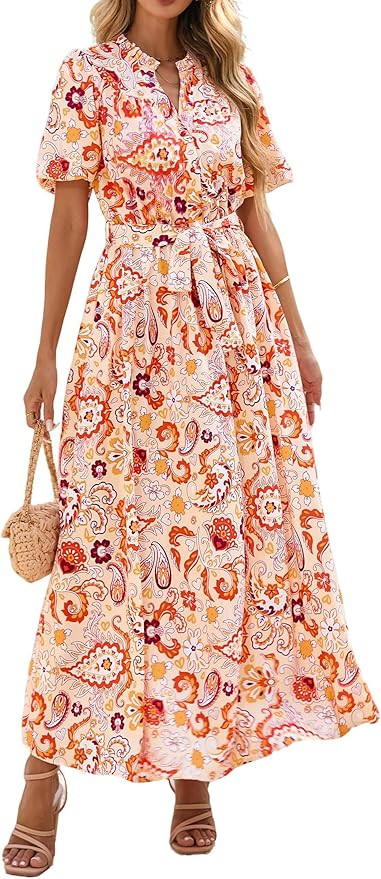 KIRUNDO Women Puff Sleeve Boho Floral Maxi Dress 2025 Spring Summer Button Shirt V Neck Flowy Bel... | Amazon (US)