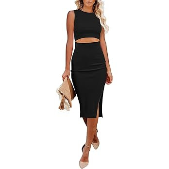 Pink Queen Women's Crew Neck Sleeveless Cutout Side Slit Knee Length Bodycon Midi Dress | Amazon (US)