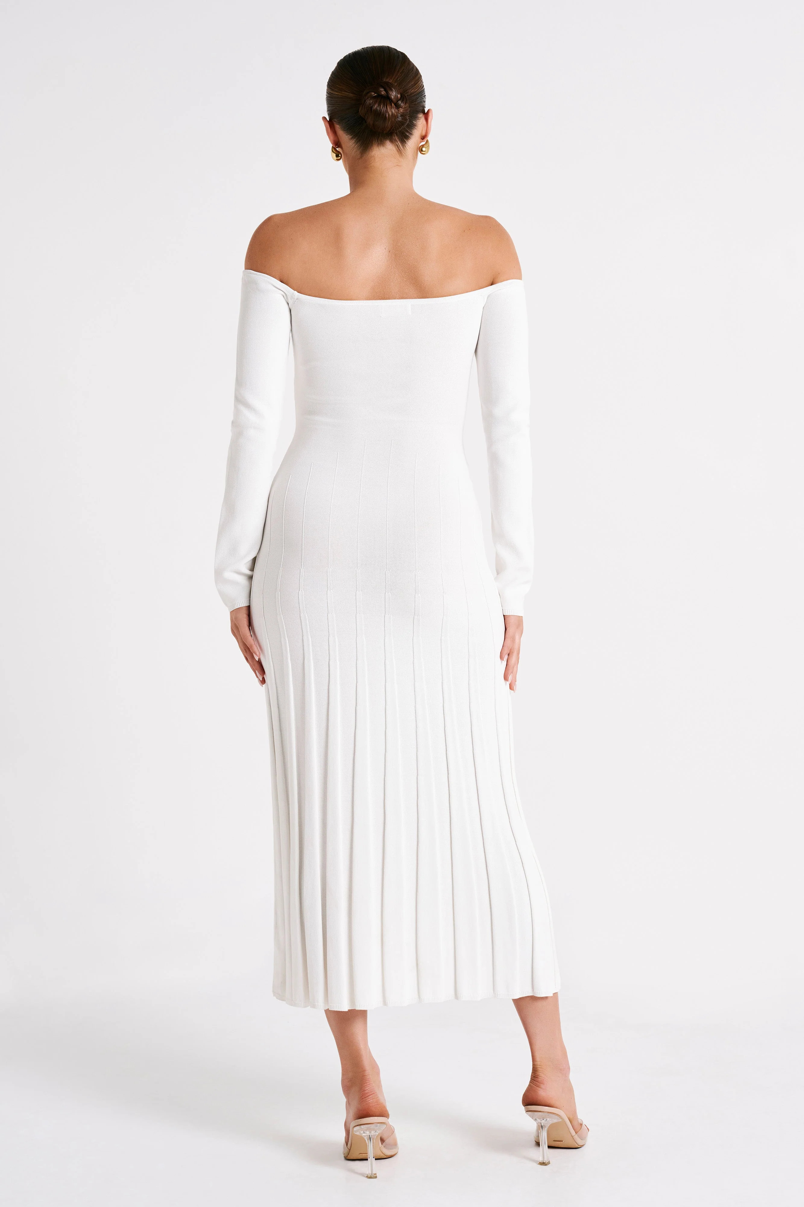 Emmeline Long Sleeve Rib Knit Midi Dress - White | MESHKI US