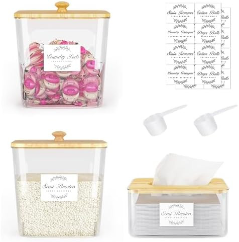 Laundry Room Organization and Storage, Laundry Pods Container and Dryer Sheet Holder with Bamboo ... | Amazon (US)