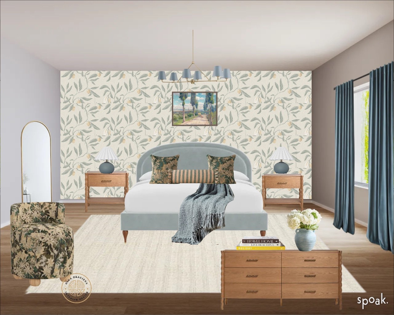 Spring bedroom design/moodboard. Floral wallpaper, beautiful wall art, blue night lamps, blue curtain, neutral wool rug, floral accent chair, floral and striped pillow, blue ceramic vase, floor mirror. #bedroom #springdecor

#LTKStyleTip #LTKHome #LTKSeasonal