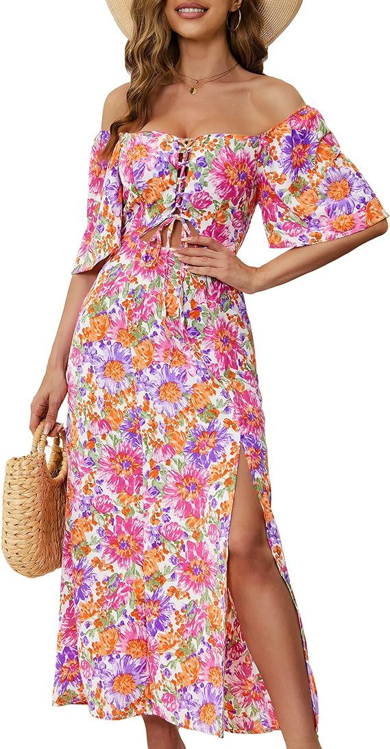 Womens Summer Floral Midi Dress,2024 Casual Boho Dresses Short Sleeve A-line Square Neck Tie Fron... | Amazon (US)