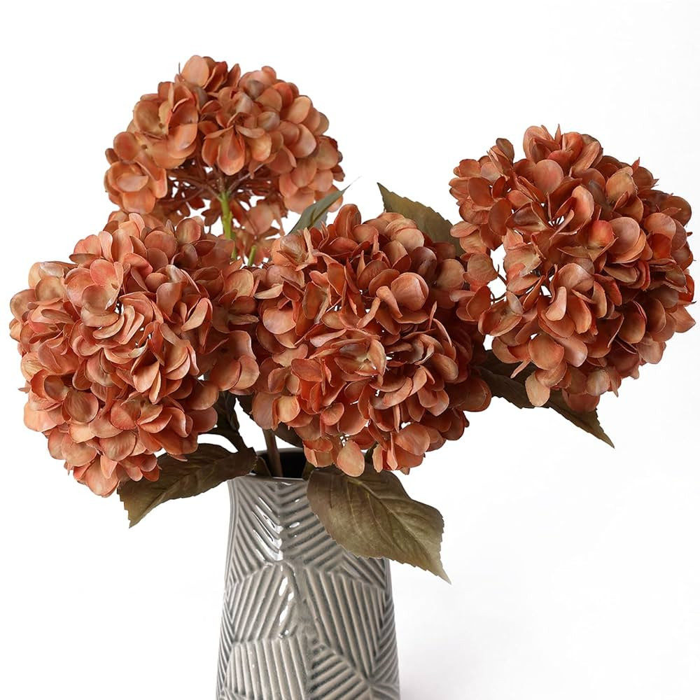mizii 4Pcs Burnt Orange Artificial Hydrangeas Flowers Large Fake Silk Hydrangea Flower with Stems... | Amazon (US)