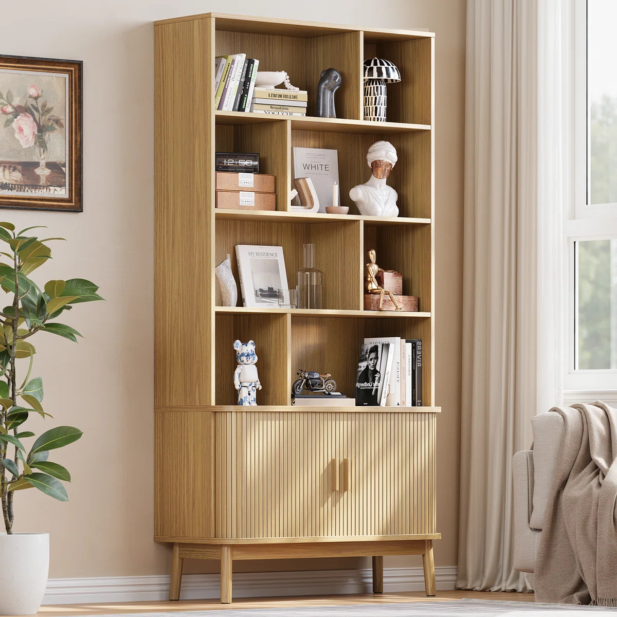 71" Tall Bookshelf With Storage Cabinet, Mid-Century Home Office Freestanding Bookcase With Tambo... | Wayfair North America
