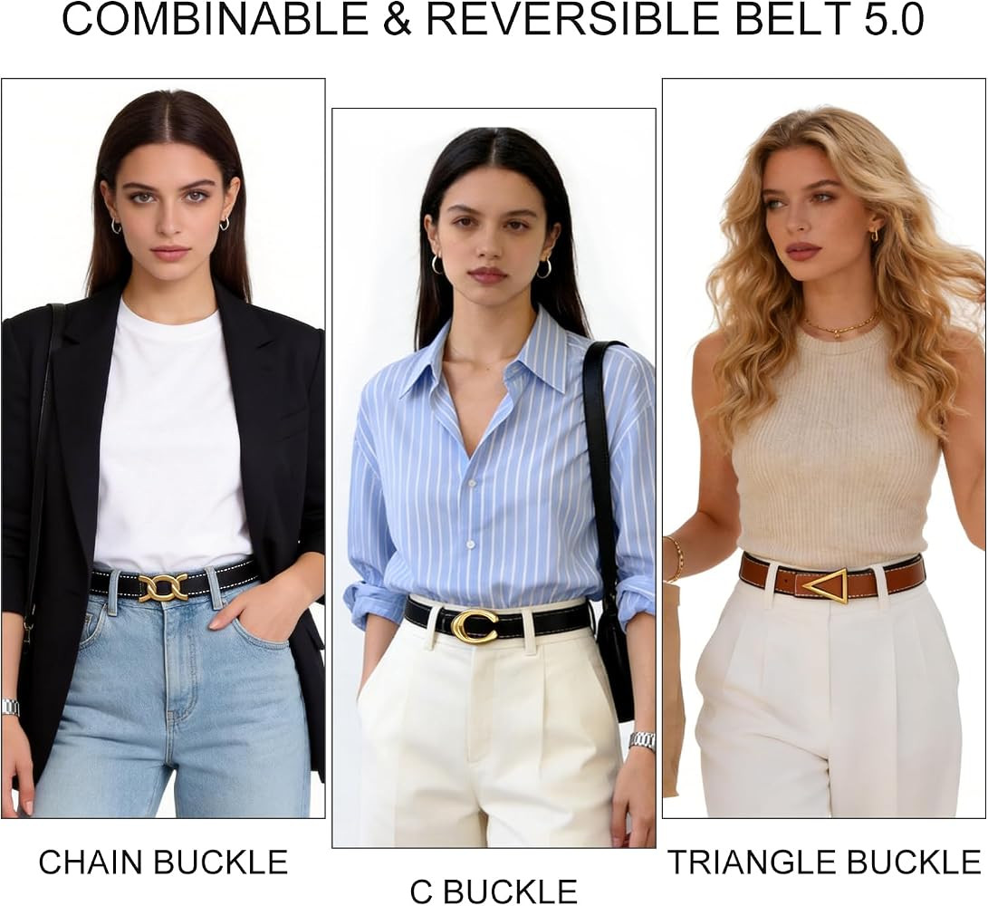 C-shaped | Chain | Triangle Gold Buckle Reversible Leather Belt for Women | Amazon (US)