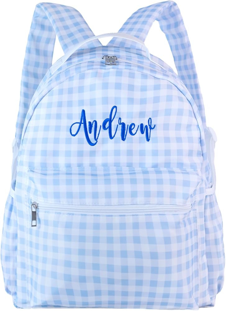 Gingham Daycare Backpack Personalized Blue Checkered Backpack with Embroidered Name - 16inch Larg... | Amazon (US)