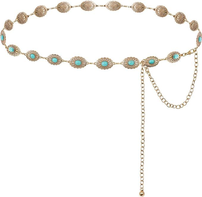 BOMAI Women Western Chain Belt Concho Chain Adjustable Turquoise Metal Boho Waist Chain for Jeans... | Amazon (US)