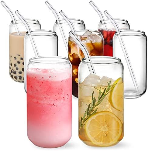 NETANY [ 8pcs Set ] Drinking Glasses with Glass Straw - 16oz Can Shaped Glass Cups, Beer Glasses,... | Amazon (US)