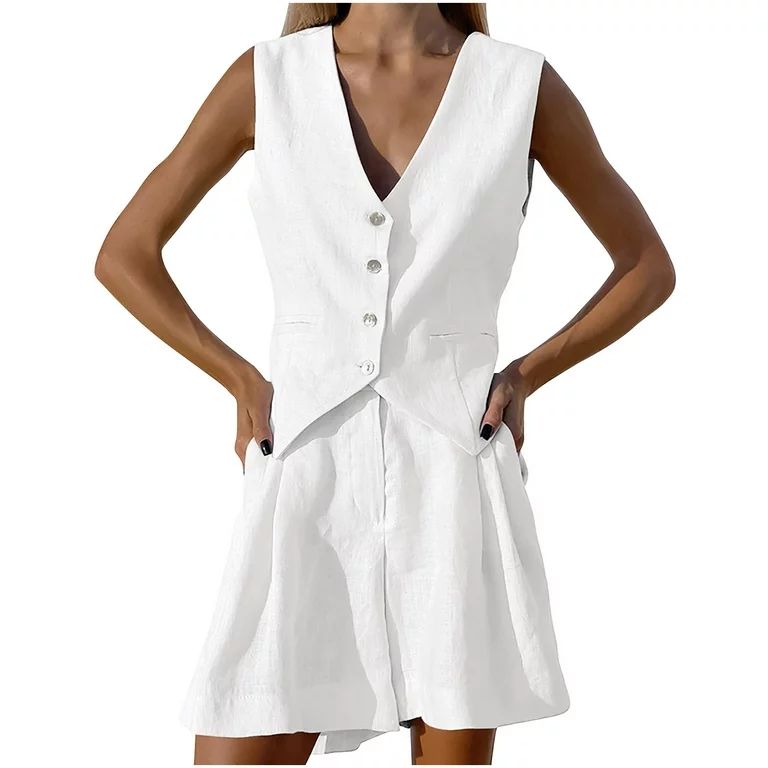 AOOCHASLIY Women Fashion Vest Sleeveless Tank Shorts Casual Cotton Linen Suit Set - Walmart.com | Walmart (US)