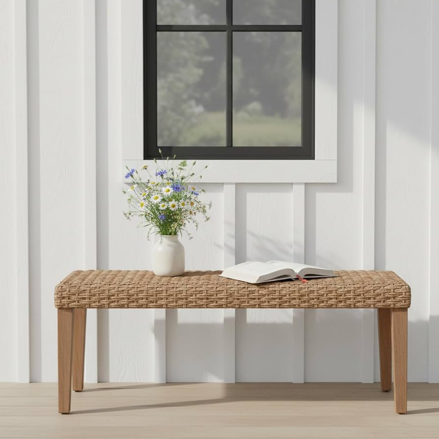 Outdoor Backless Bench, All-Weather Wicker & Solid Acacia Wood, Premium Garden Bench with Woven R... | Amazon (US)