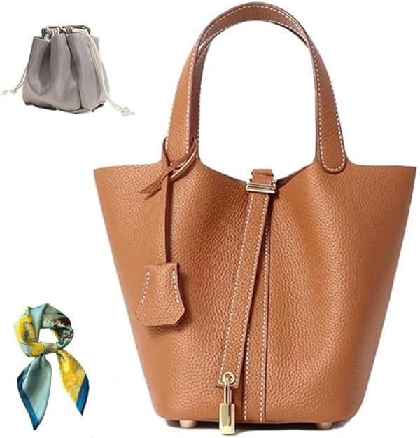 Genuine Leather Bucket Bag for Women: Lock Design Shoulder Handbag Versatile Top-Handle Tote Fash... | Amazon (US)