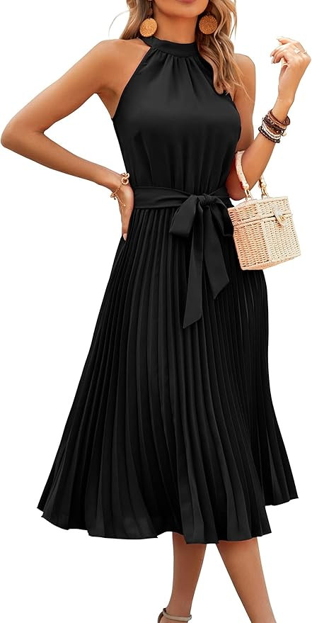 KIRUNDO Women's 2025 Summer Sleeveless Halter Neck Pleated Midi Cocktail Dresses A Line Flowy Bea... | Amazon (US)