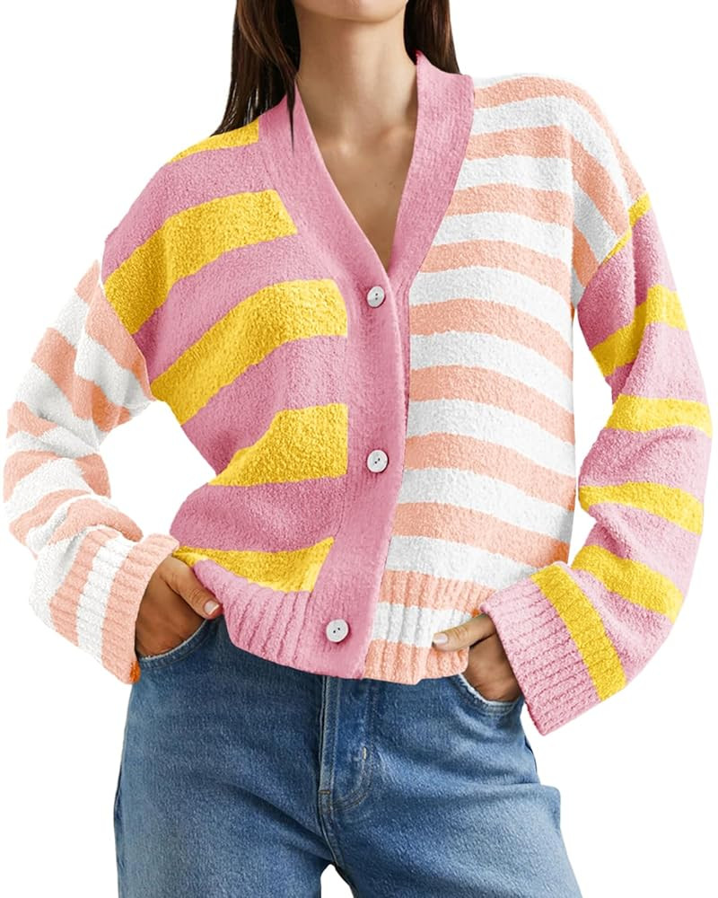 Saodimallsu Womens Striped Cardigan Sweaters V Neck Open Front Button Up Color Block Fuzzy Loose ... | Amazon (US)