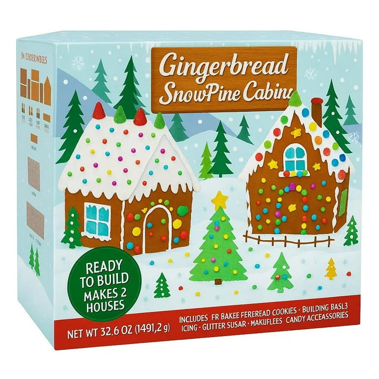 Gingerbread House Snow Pine Cabin Decorating Kit – Includes 2 Pre-Baked Gingerbread Houses, 4 V... | Walmart (US)