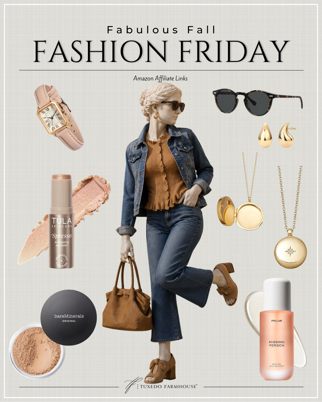 This Fashion Friday board turned out so chic! 🍂 I love the mix of classic denim, warm caramel tones, pretty gold jewelry and a few beauty favorites for an effortless early-fall look. Everything is linked and perfect for refreshing your wardrobe as we head into the new season! 🤎✨

#LTKStyleTip #LTKSeasonal #LTKBeauty #FallFashion #AmazonFashion #FallStyle #FashionFriday #AmazonFinds 

 #LTKSeasonal #LTKSaleAlert #LTKMidsize