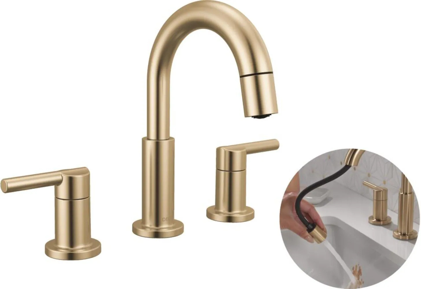 Delta Nicoli Champagne Bronze Widespread 2-handle WaterSense Mid-arc Residential Handle Pull-down Bathroom Sink Faucet with Drain one_size | Lowe's