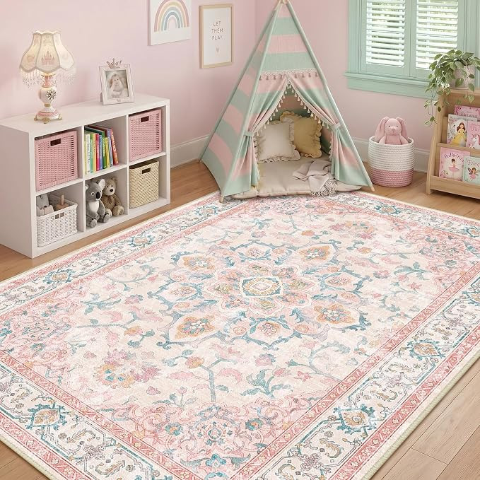 Machine Washable Rugs Nursery Rug 5x7 Cute Girl Non Slip Low Pile Water Repellent Soft Print Patt... | Amazon (US)