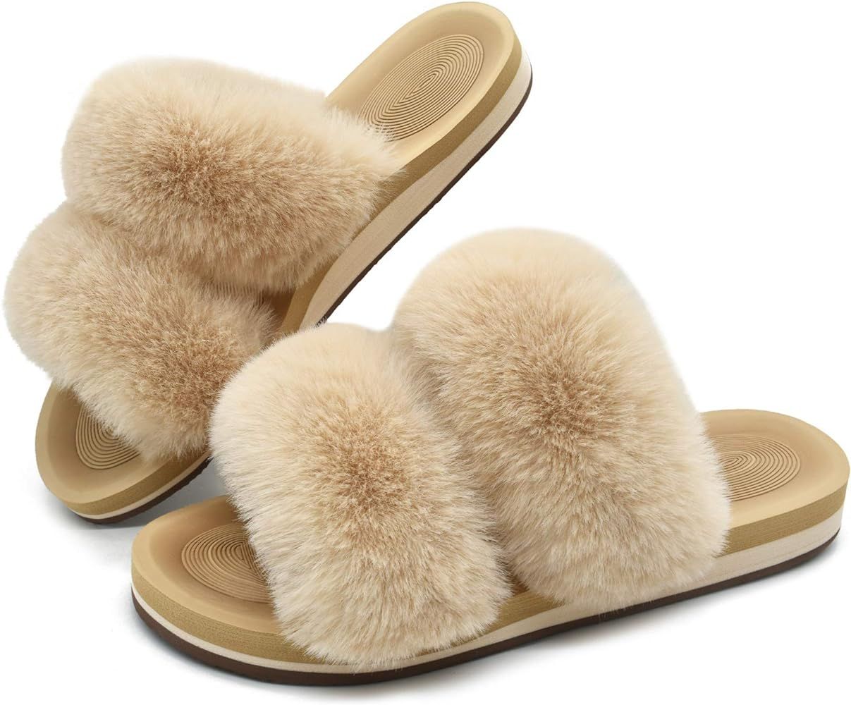 COFACE Womens Sliders Plush House Slippers Flat Sandals for Women Memory Foam Fuzzy Open Toe Slipper | Amazon (US)