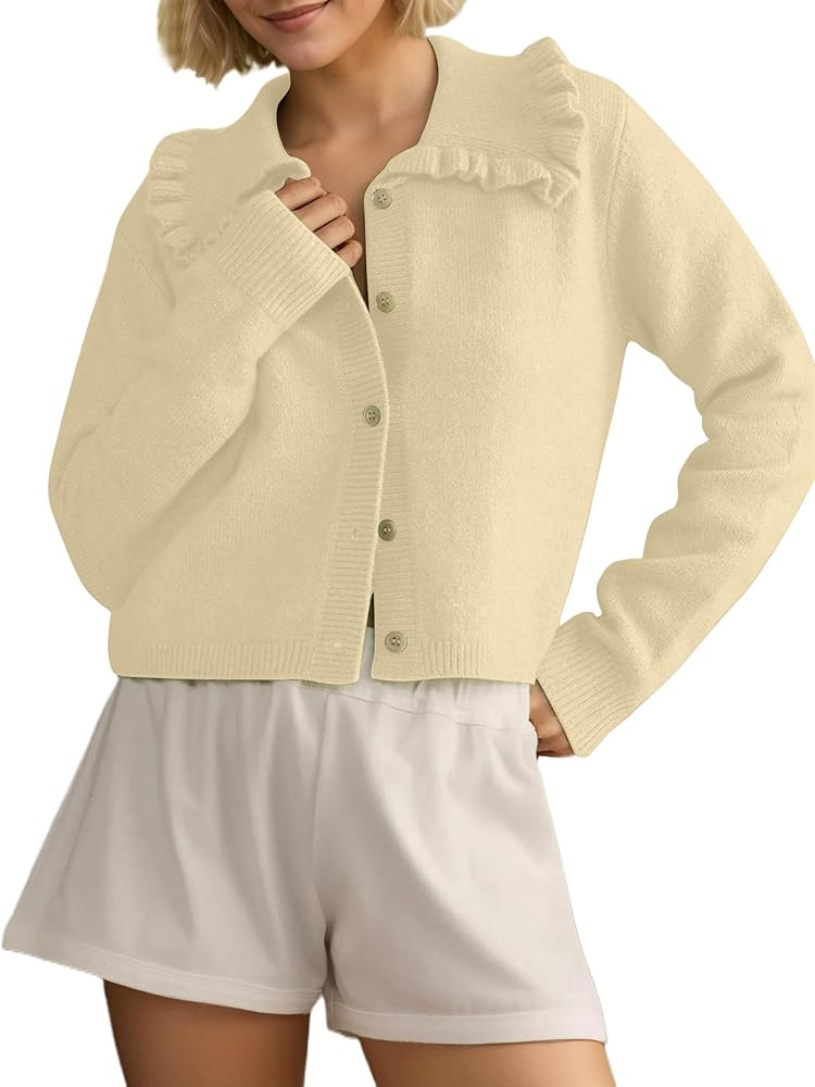 MISSACTIVER Women Ruffle Collar Cropped Cardigan Casual Lapel Button Down Sweaters Long Sleeve Op... | Amazon (US)