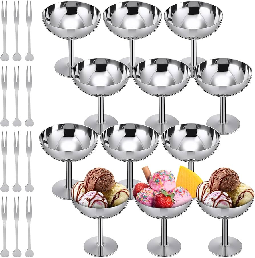 Reallnaive 12 Sets Stainless Steel Ice Cream Cups 6.7 Oz Small Footed Bowls with Forks Bulk Stain... | Amazon (US)